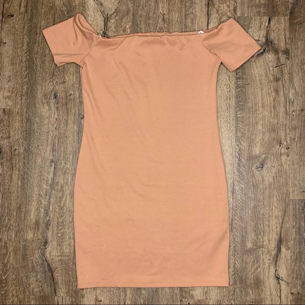 Off shoulder nude bodycon dress